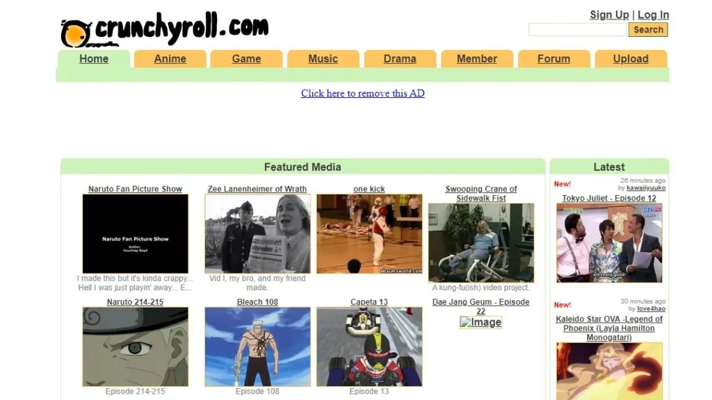 Halaman situs Crunchyroll tahun 2006 via Wayback Machine