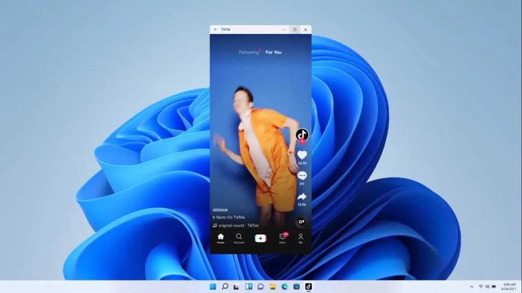 Aplikasi Android yaitu Tiktok berjalan di Windows 11