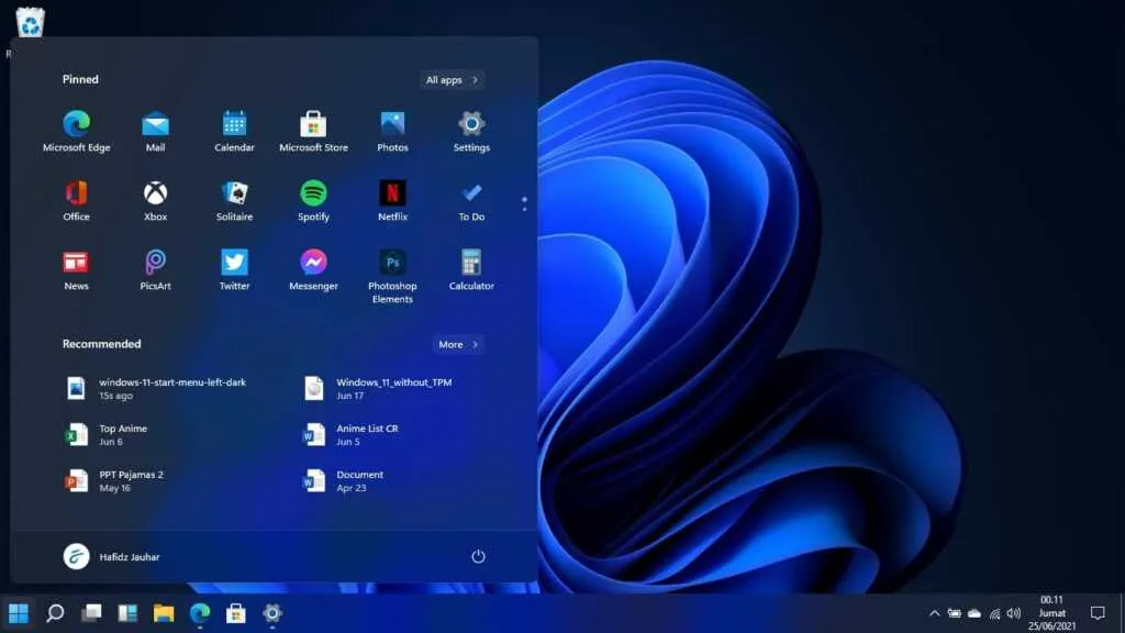 Windows 11 Start Menu di kiri