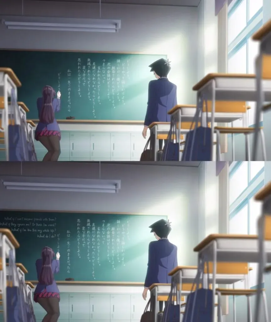 (Atas) Subtitle Komi-san Netflix, (Bawah) Subtitle Komi-san Fansub