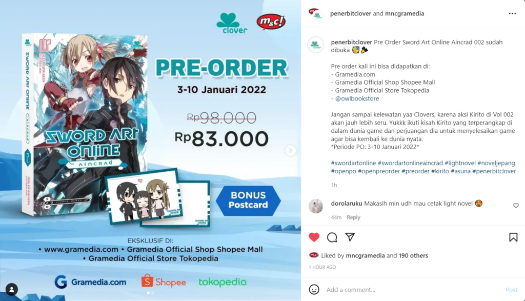 Postingan Pre-Order Light Novel SAO Aincrad Volume 2 oleh Penerbit Clover