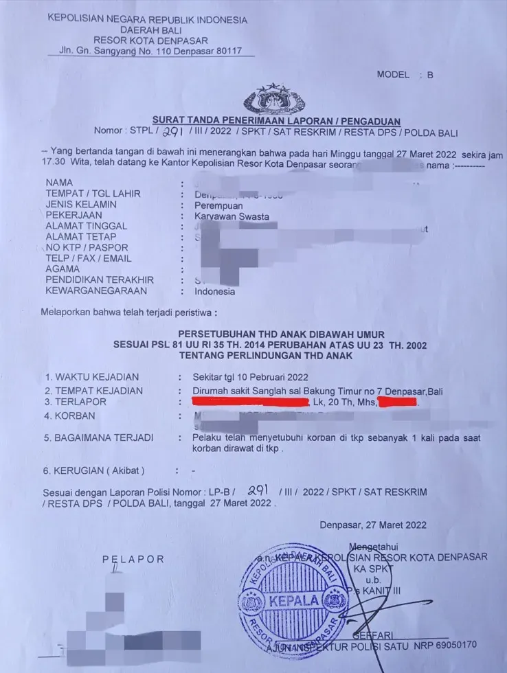 Surat Tanda Penerimaan Laporan terkait persetubuhan dengan anak di bawah umur yang terjadi di rumah sakit