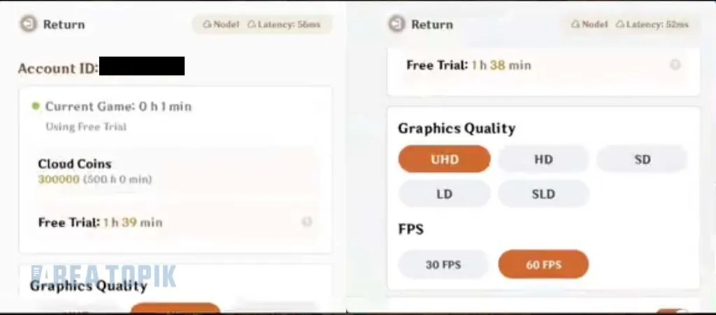 Fitur yang ada di dalam panel konfigurasi Genshin Impact Cloud | Dok. Area Topik