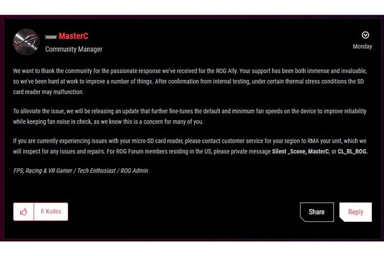 ASUS mengonfirmasi perihal masalah pada suhu di ROG Ally