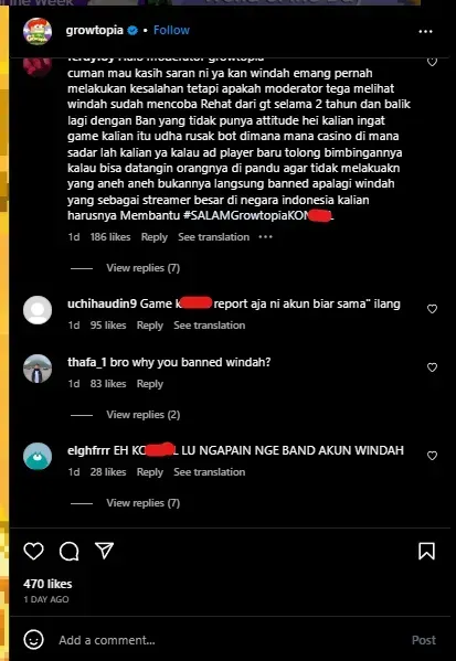 Kolom komentar sosial media Growtopia diserbu penonton Windah Basudara | Foto: Area Topik