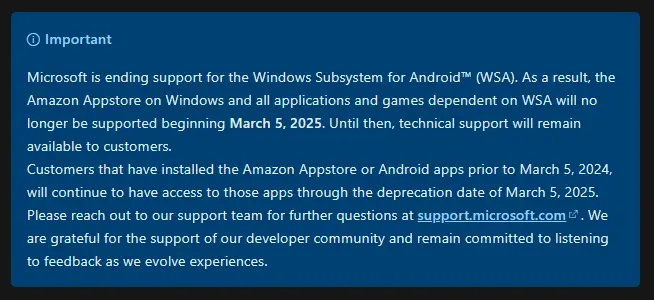 Microsoft akan hentikan dukungan Windows Subsystem for Android di Windows 11 | Sumber: Microsoft Learn