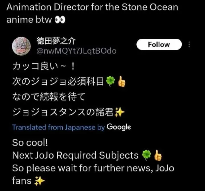 tweet direktot anime JoJo part 6