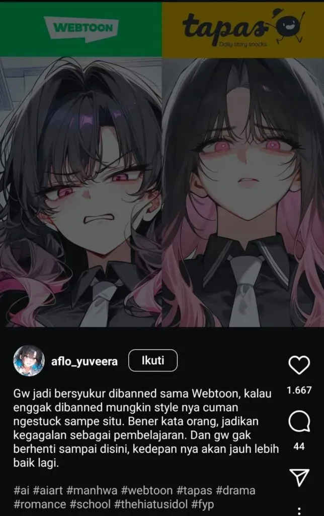 Screenshoot postingan ia yang bersyukur karena mendpenolakan dari Webtoon